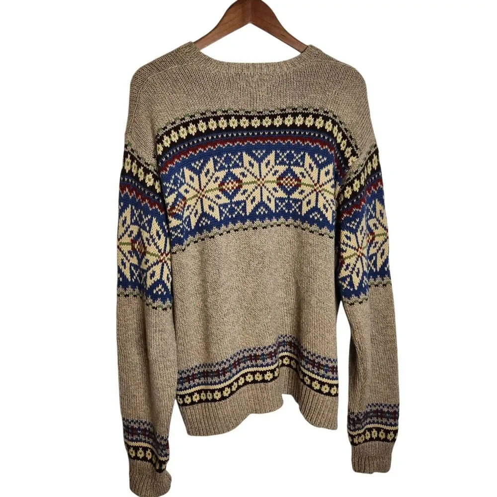 Vintage Polo Ralph Lauren Mens LS Sweater Beige Snowflake Nordic Cotton Knit  XL